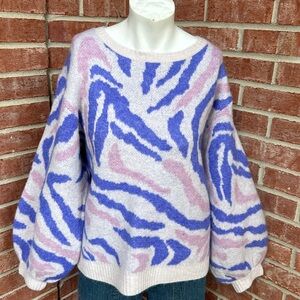 Ophelia Roe Abstract Knit Dolman Bell Sleeve Crew Neck Sweater